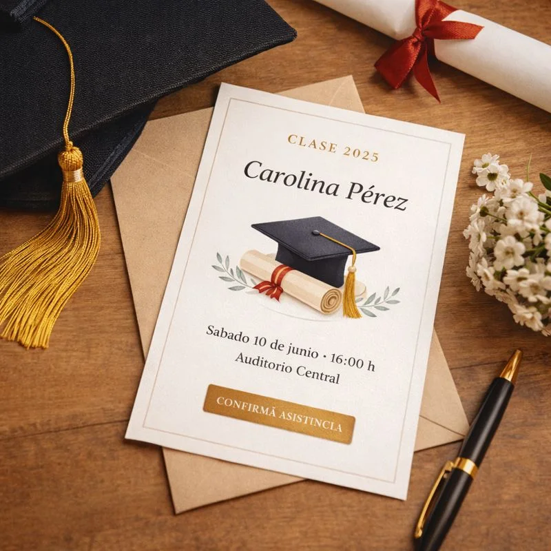 Invitación de graduación moderna sobre mesa con elementos de ceremonia