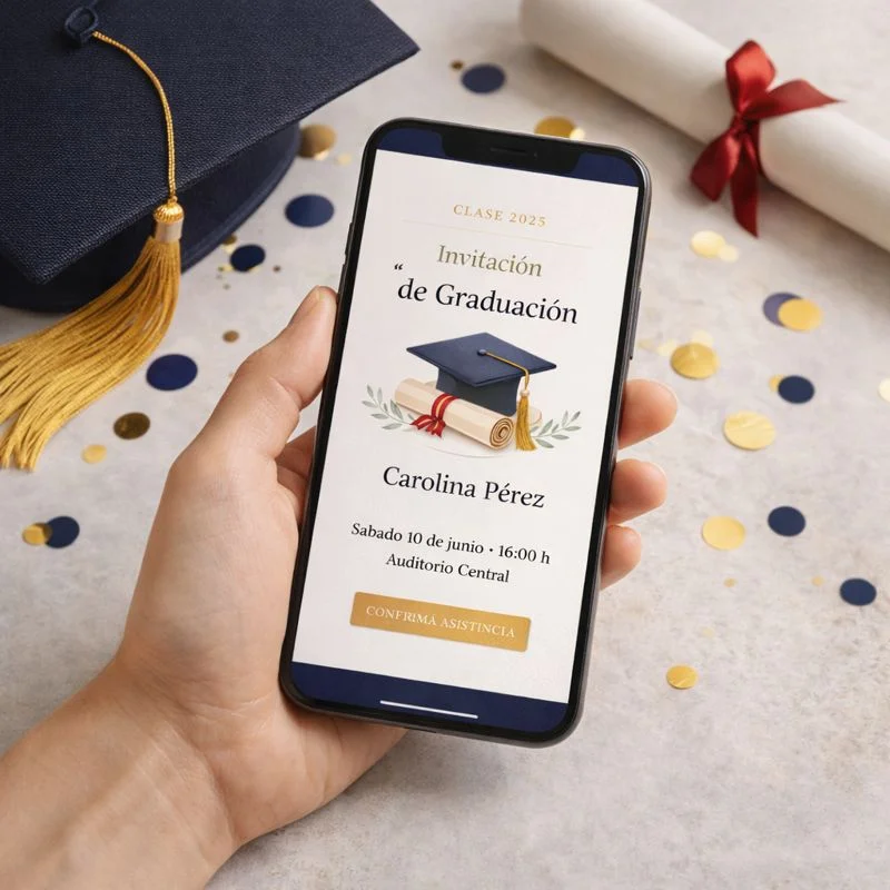 Vista superior de un teléfono mostrando una invitación digital de graduación con birrete, diploma y decoración minimalista sobre una mesa clara