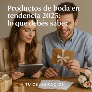 Pareja joven revisando invitaciones y regalos de boda sobre una mesa, con estilo moderno y tonos cálidos.