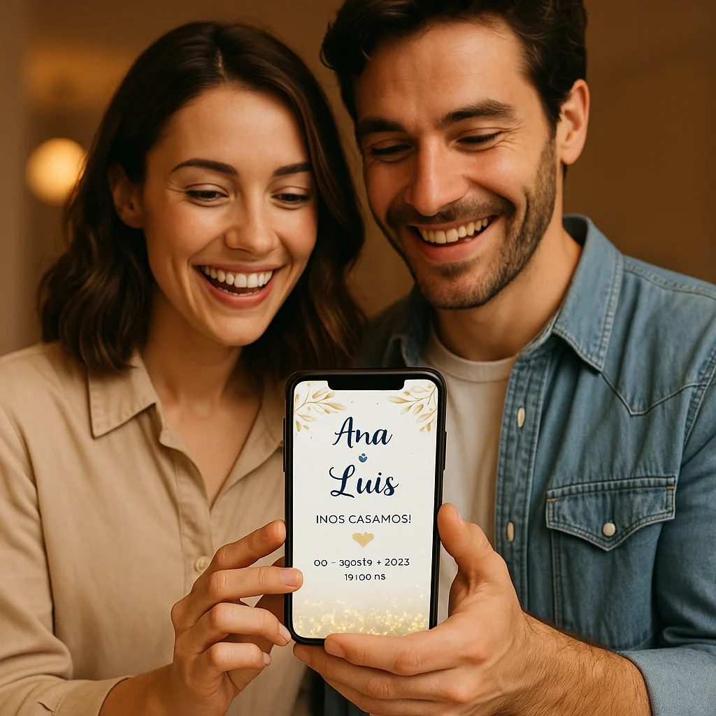 Pareja joven sonriente sosteniendo un teléfono con su invitación de boda digital, estilo moderno y elegante.