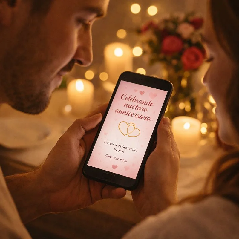 Pareja enamorada mira invitaciones digitales de JCL