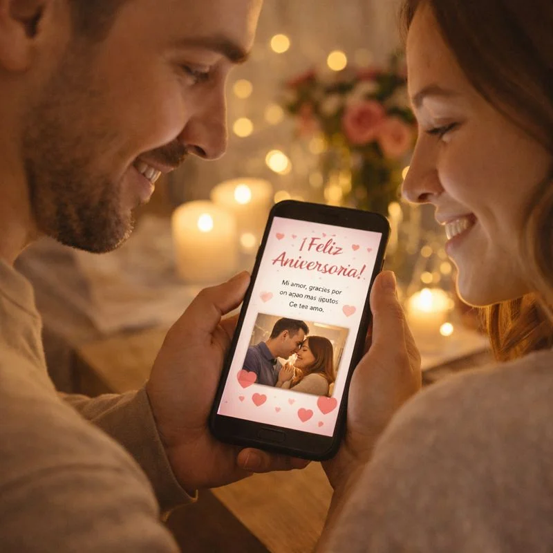 Pareja mirando una tarjeta digital romántica en el celular