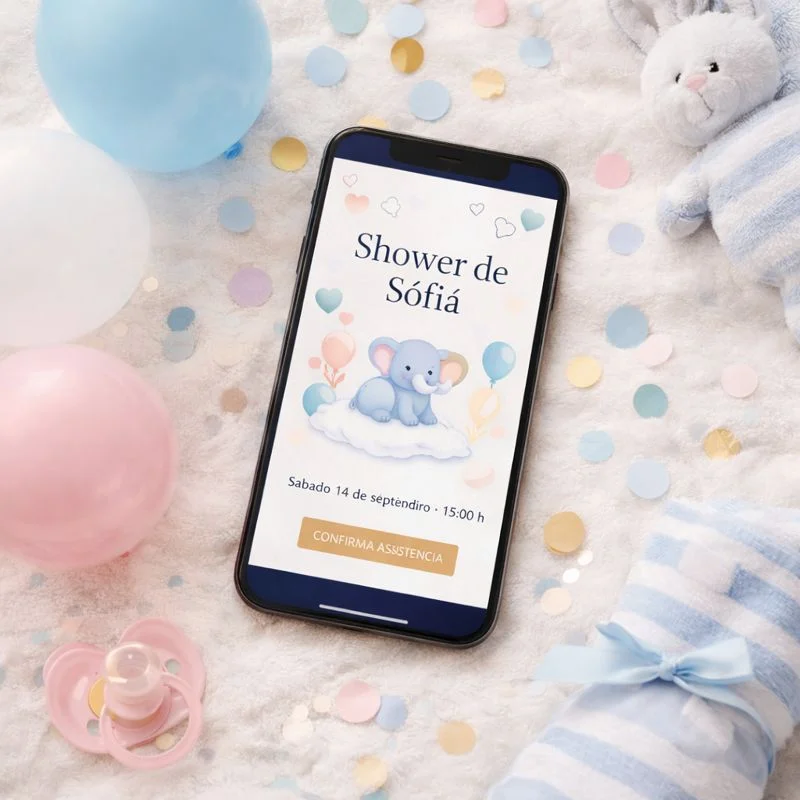 Flat lay: celular + elementos de Baby Shower (globos, chupete, manta pastel) - Baby Shower - JCL