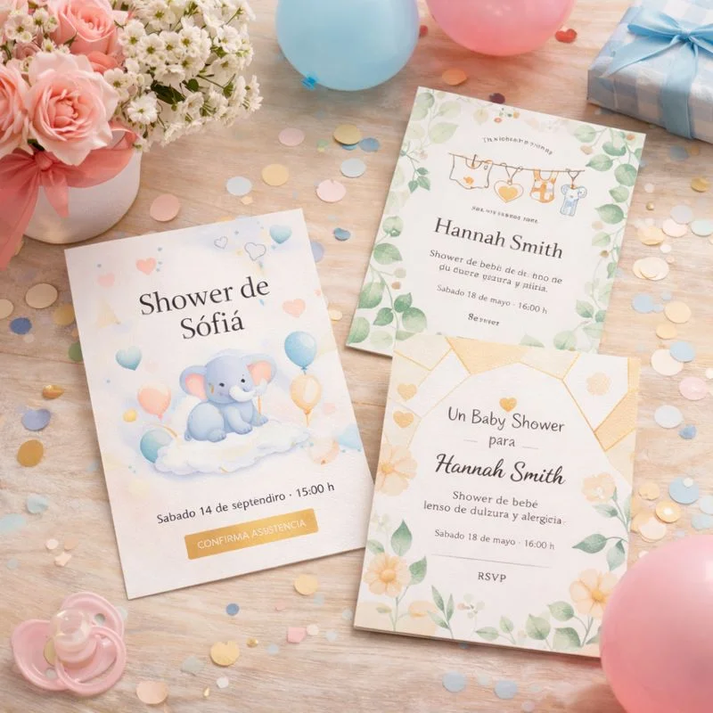 Mesa con invitaciones impresas y decoraciones modernas de Baby Shower - Baby Shower - JCL