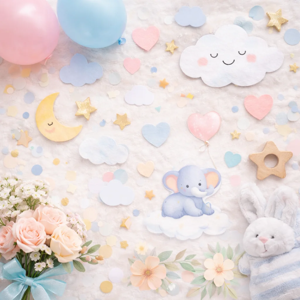 Tu Celebración, Baby Shower. Flat lay con varios elementos temáticos