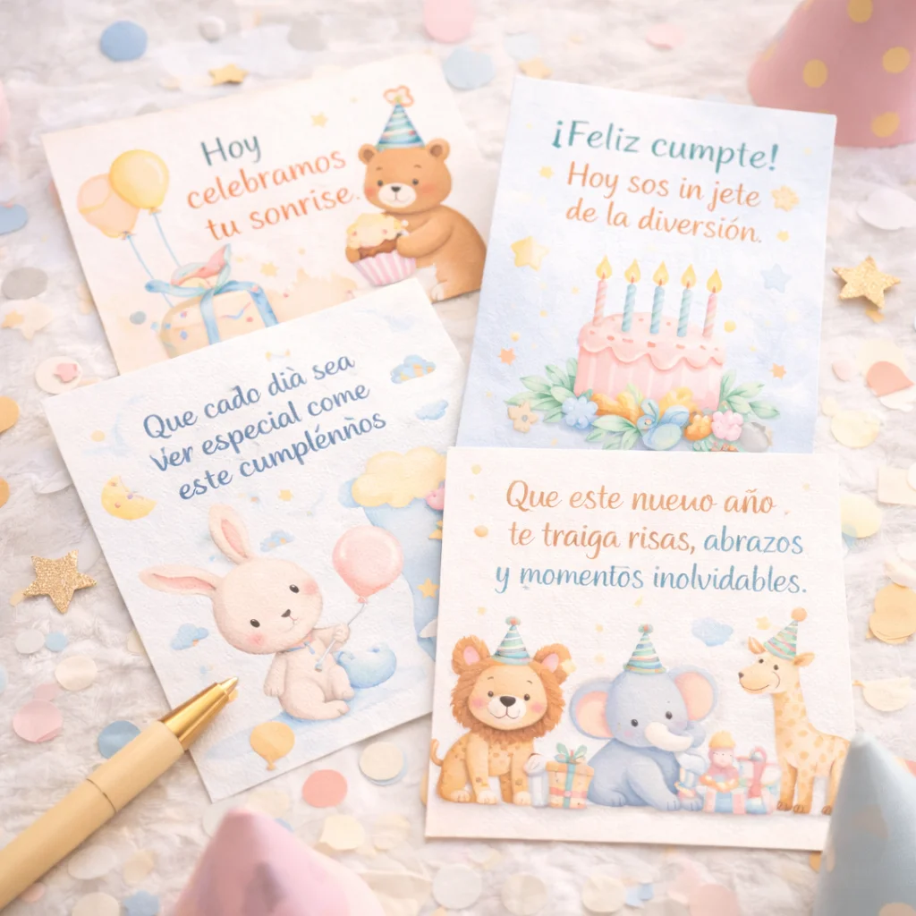 Frases de cumpleaños infantiles en tarjetas ilustradas con mensajes tiernos para dedicar.