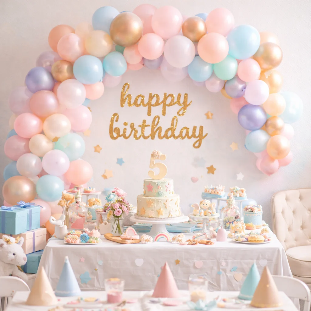 Tendencias de decoración para cumpleaños infantil 2026 con arco de globos y mesa dulce personalizada