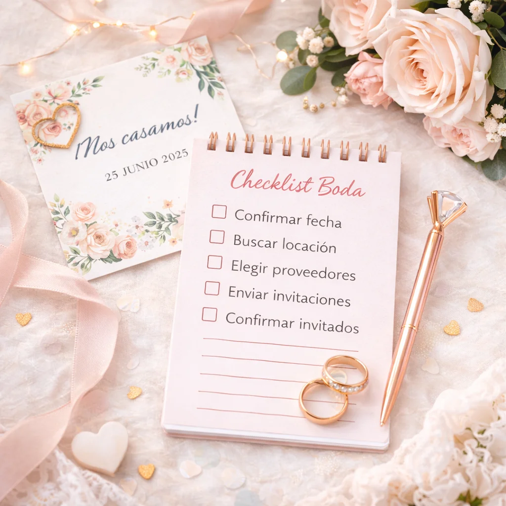 Planner/agenda sobre mesa con elementos de boda (anillos, flores, tarjeta) - Tu celebracion