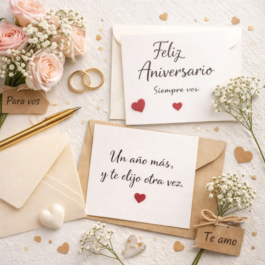 Flat lay con cartas, flores, anillos y notas románticas - Frases aniversario - Agencia JCL