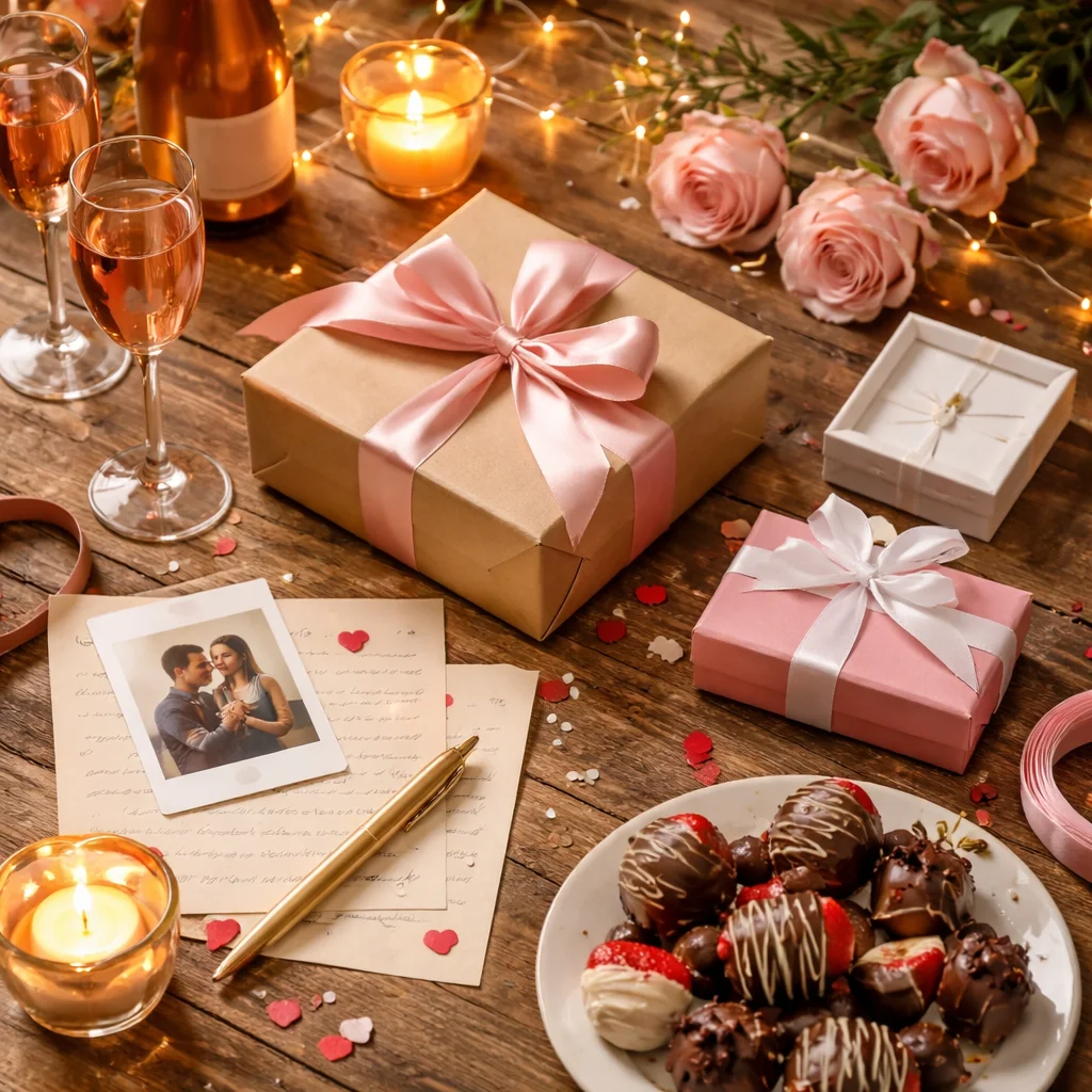 Flat lay romántico con regalos + cartas - Regalo aniversario - Agencia JCL