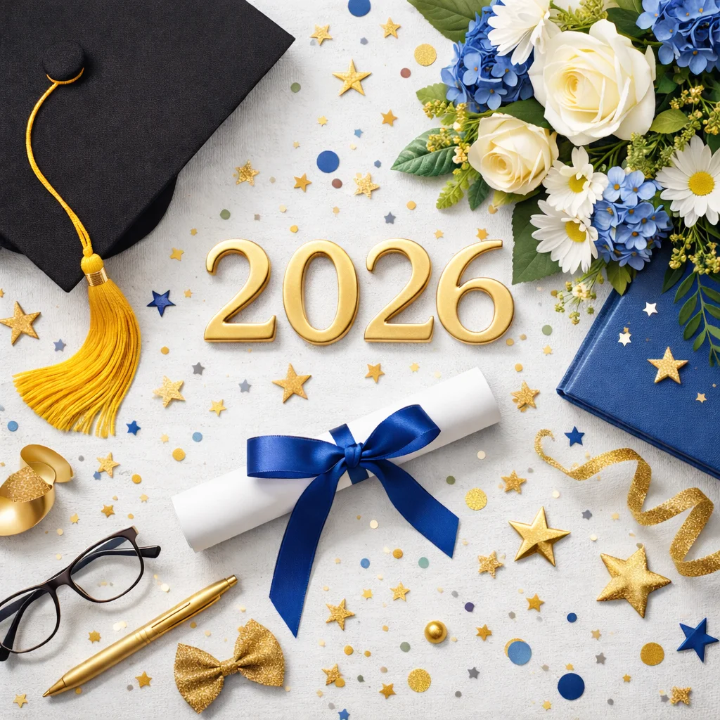 Decoración de graduación 2026 con birrete, diploma, flores y detalles dorados sobre fondo claro