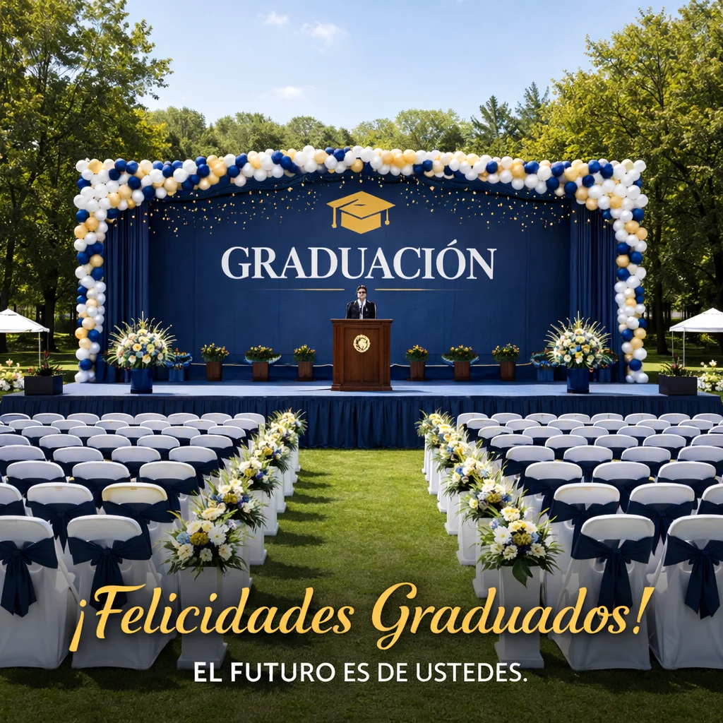 Escenario de graduación decorado con sillas, tarima y arreglos florales para ceremonia al aire libre