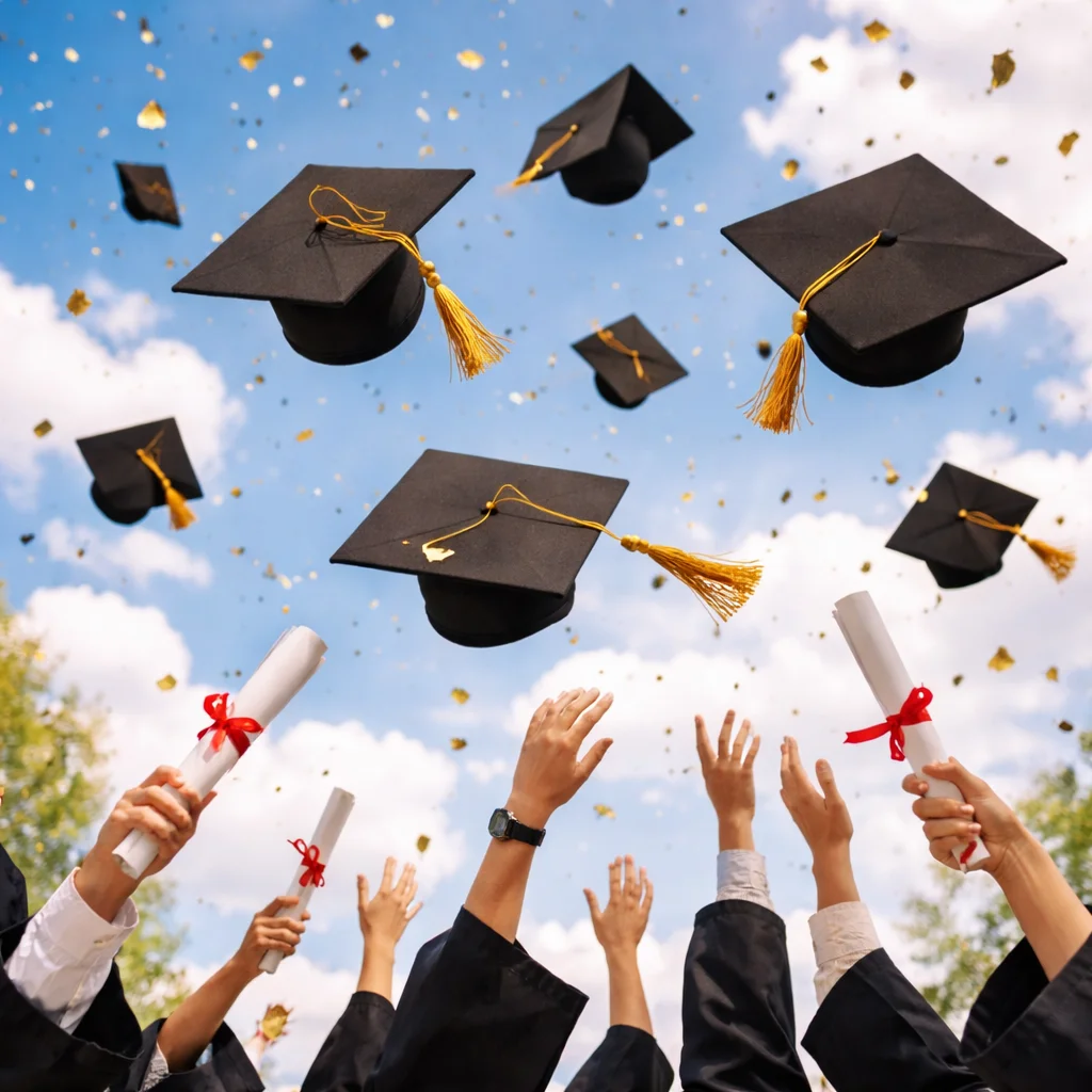 Lanzamiento de birretes al aire durante una ceremonia de graduación con diplomas en mano