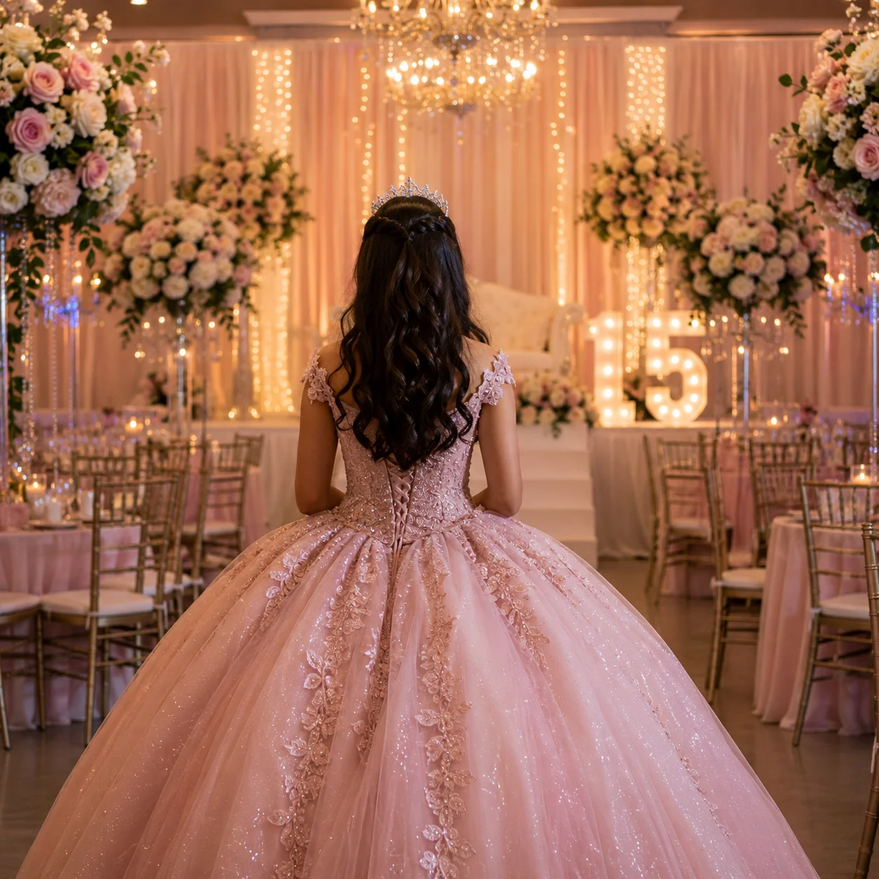 Frases para 15 - Quinceañera frente a luces y decoración glam - Agencia JCL