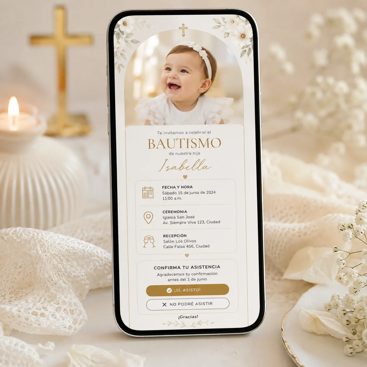 Invitación digital para bautismo con fotografía, ubicación y confirmación de asistencia.
