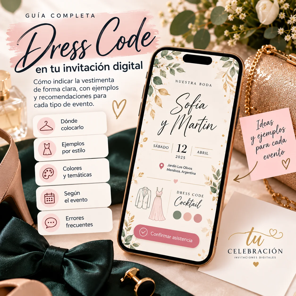 Aprendé cómo escribir el dress code en una invitación digital con ejemplos de formal, cocktail, casual, temático y por colores sin generar confusión.