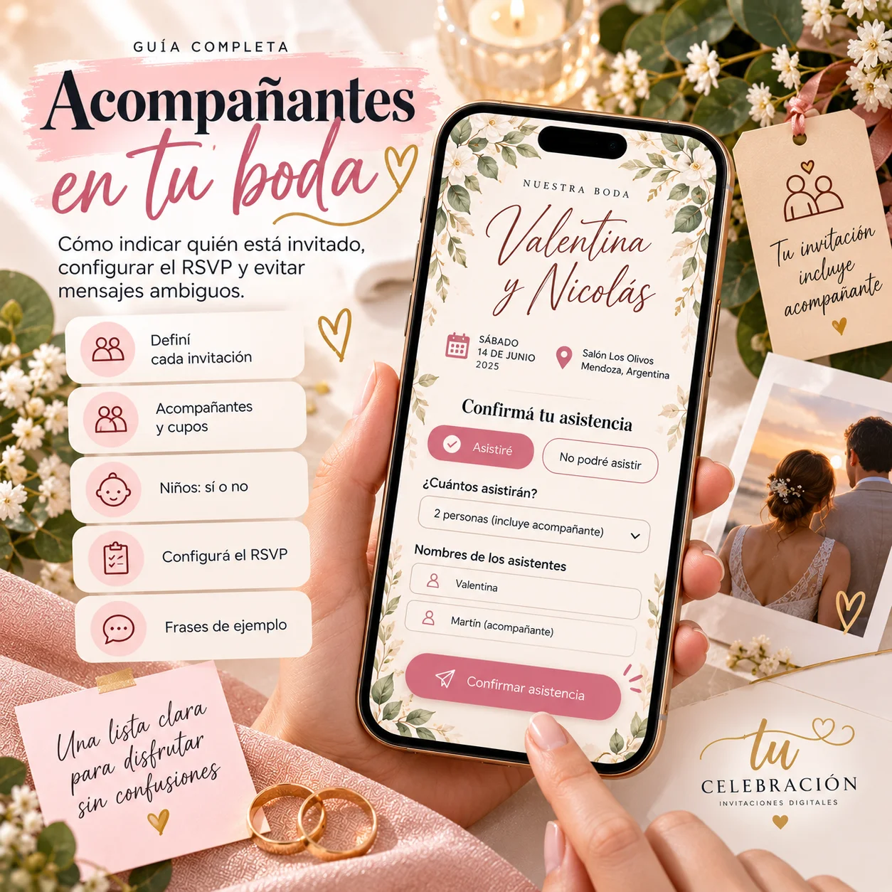Aprende a comunicar si una invitación de boda incluye acompañante, pareja o niños.