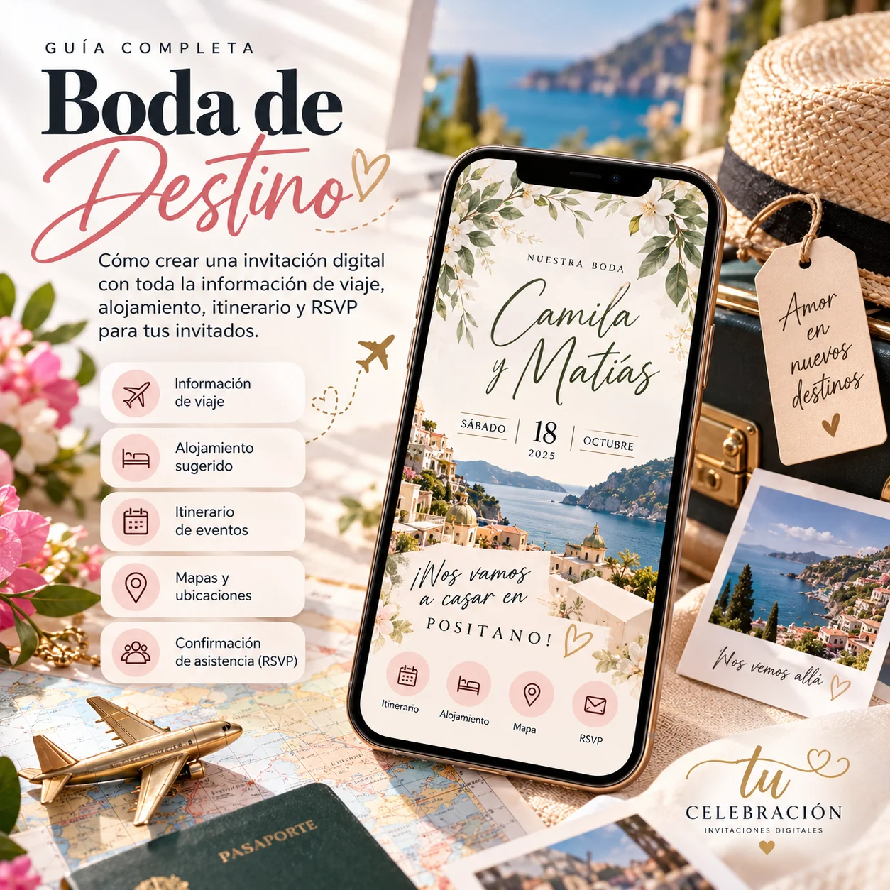 Organizá una invitación digital para una boda de destino con información de viaje, alojamiento, itinerario, mapas y RSVP sin saturar a los invitados.