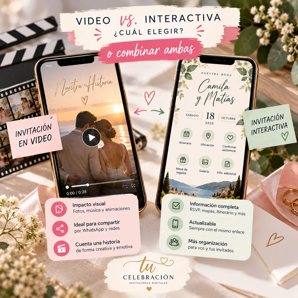 Compará invitaciones en video e invitaciones digitales interactivas: impacto visual, RSVP, mapas, actualizaciones, WhatsApp y qué formato conviene para tu evento.